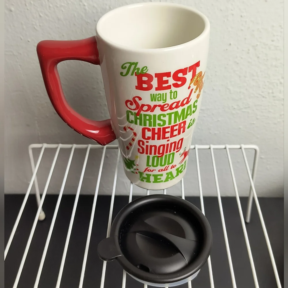 Christmas Spoontiques Elf Travel Mug W/ Lid Ceramic 18oz Buddy The Elf White/Red